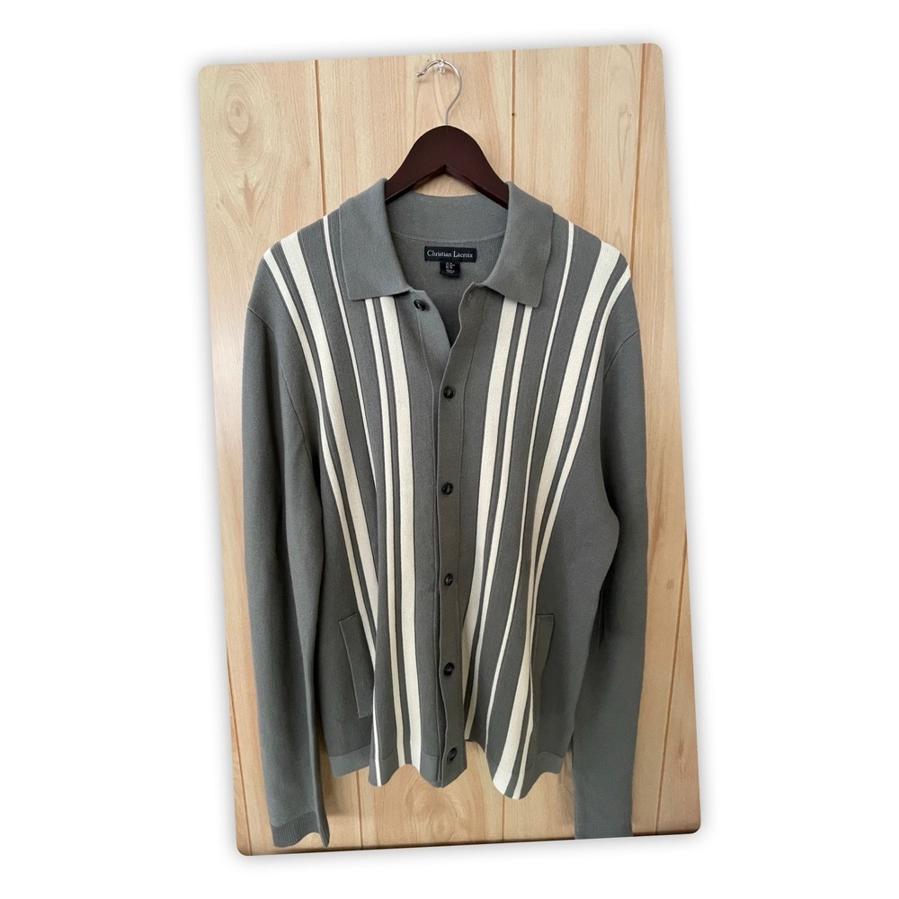Christian Lacroix Striped Button-Front Knit Cardigan in Olive & Cream‎ Med